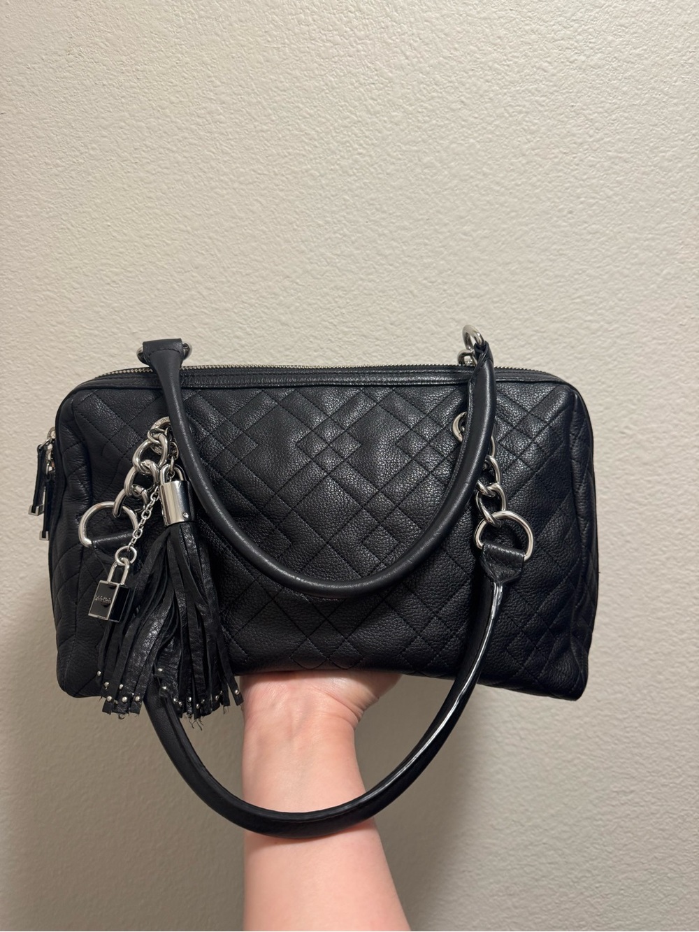 Calvin Klein Quilted Black Leather Shoulder Bag with Tassel